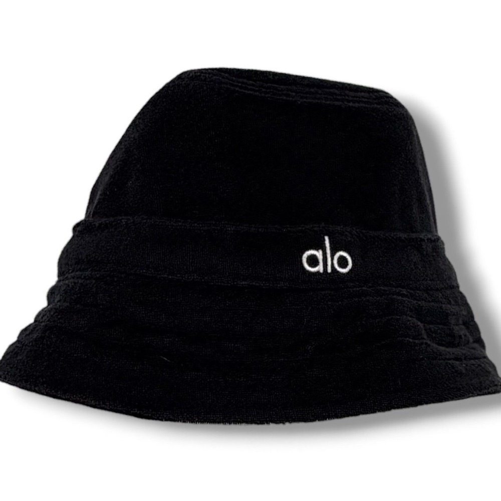 Alo Yoga Terry Beachside Bucket Hat Unisex OS Black Terrycloth Athleisure Summer